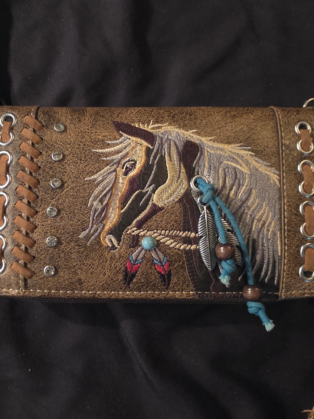 Brown Embroidered Horse Leather Wallet with Turquoise Accents